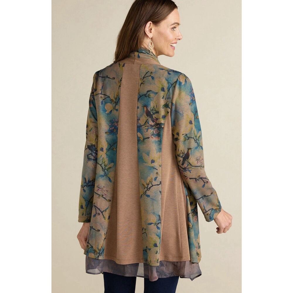 Soft Surroundings Cardigan Tea Gardens Topper Brown Bird Floral 2BZ08 XL cottage View 2